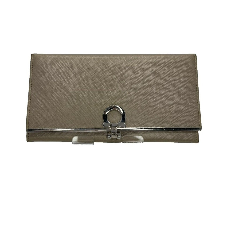 Authentic Ferragamo Beige Leather Gancini Long Bifold Wallet/58